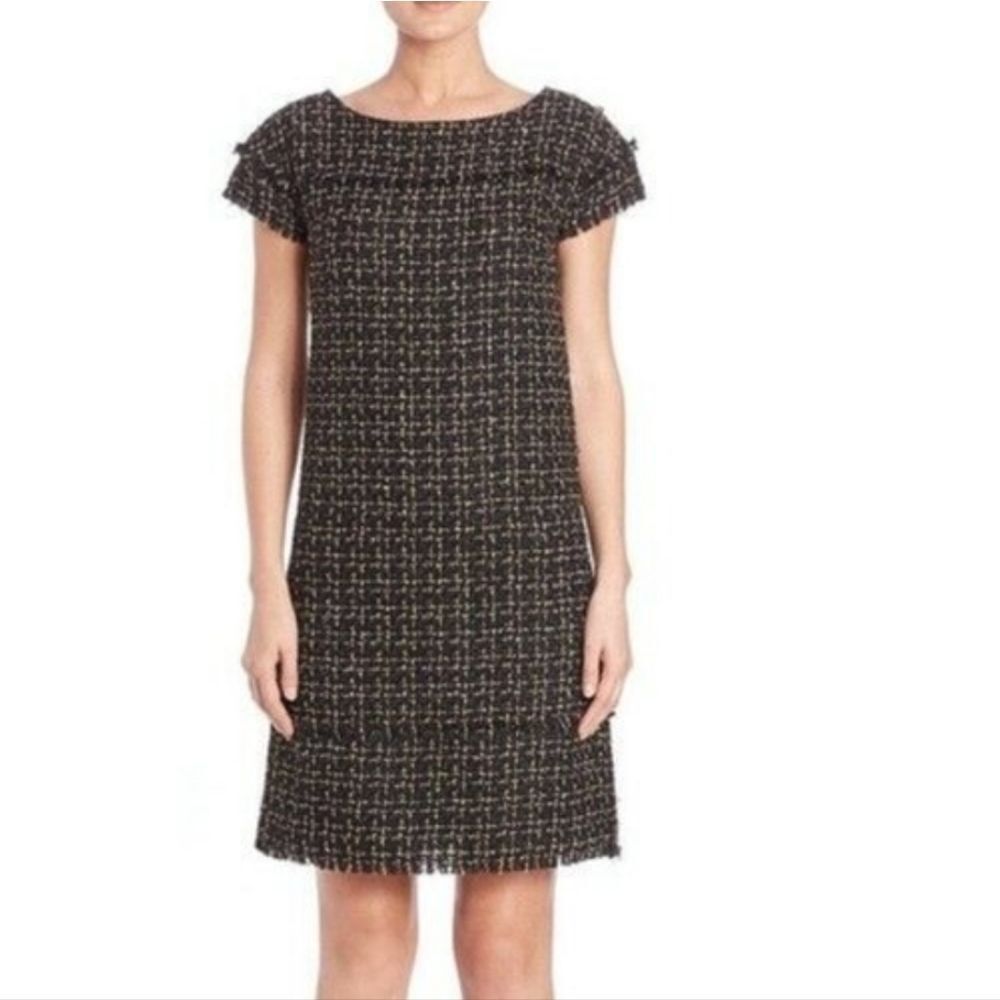 Badgley Mischka black & gold tweed shift dress / fringe accents & Exposed Zipper